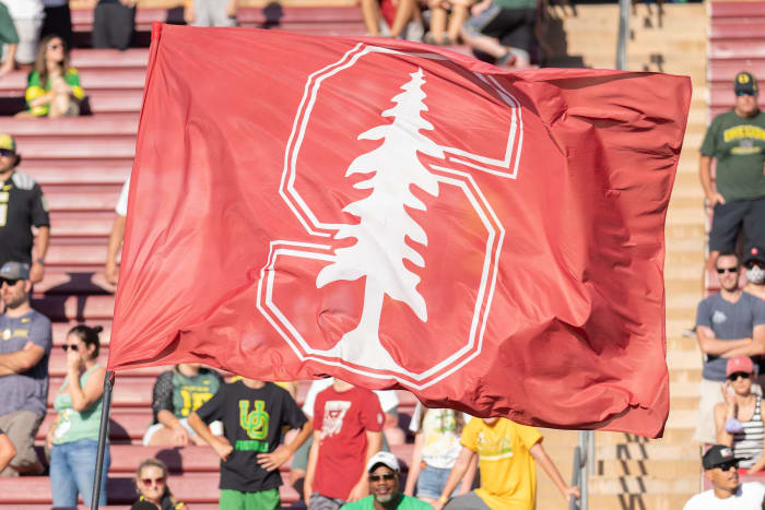 Oct 2, 2021; Stanford, California, USA; Stanford Cardinal flag waves in the air during overtime against the Oregon Ducks at Stanford Stadium. Mandatory Credit: Stan Szeto-USA TODAY Sports